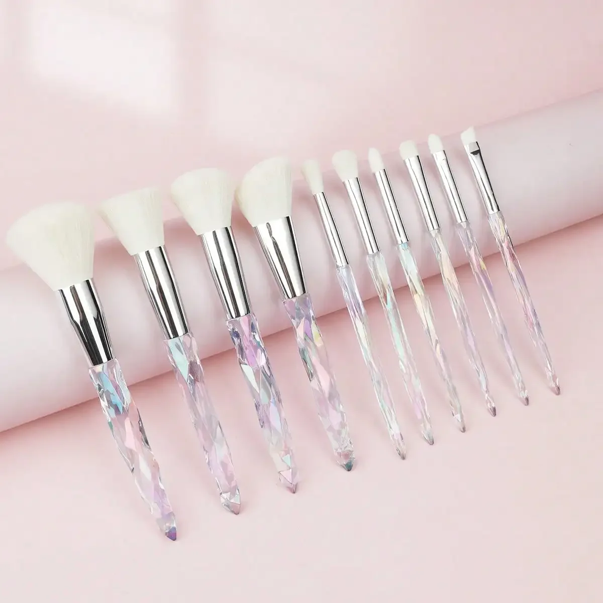 Conjunto de pincéis de maquiagem, 10 peças de cristal transparente alça kabuki pó fundação pincel corretivo sombra de olho delineador pincel de sobrancelha