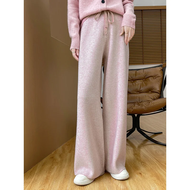 Hot selling  women's 100% wool wide leg pants, solid color computer knitted, autumn and winter versatile women's long wool pants