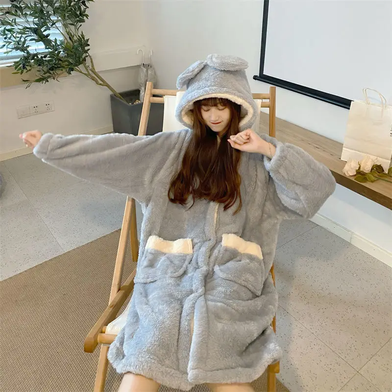 Hooded Robe for Women Sleepwear Nightdress Winter Warm Fleece Pajama One Piece Nightgown Night Wears Pocket Long Sleeve Homewear