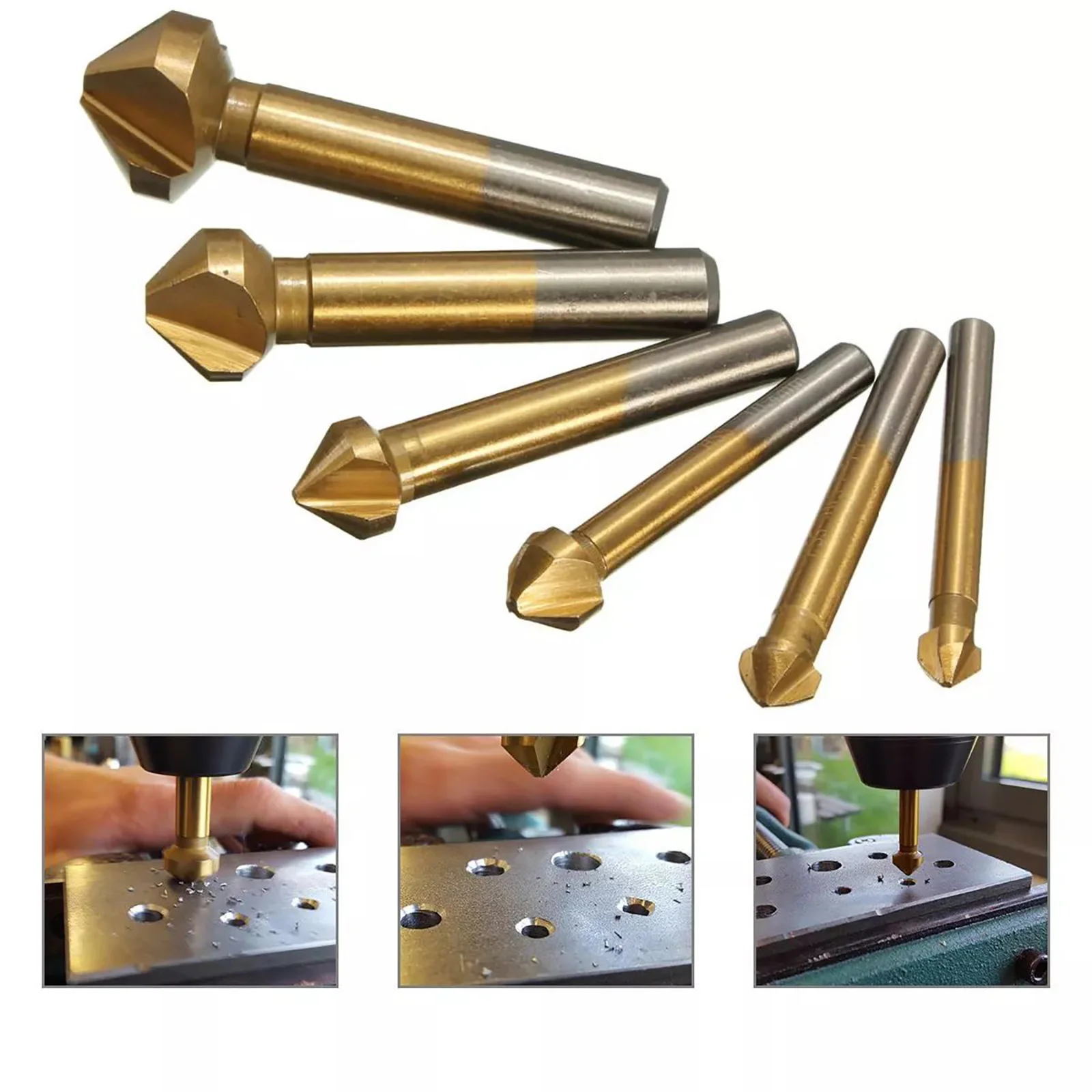 6Pcs HSS Titanium Countersink Drill Bit Set 3 Flute 90° Chamfering Tool 6.3-20.5mm Deburring Drill Bits for Metal Wood Aluminum