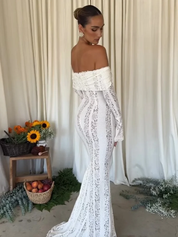 White Floral Lace Off-shoulder Maxi Dress For Women Elegant Strapless Backless Long Sleeve Bodycon Robes 2024 Lady Party Dresses