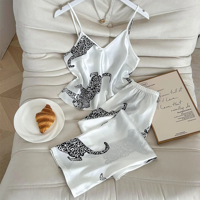 

Комплект пижамы с леопардовым принтом, модные брюки на бретелях, имитация шелка, стильная домашняя одежда, пижамный комплект