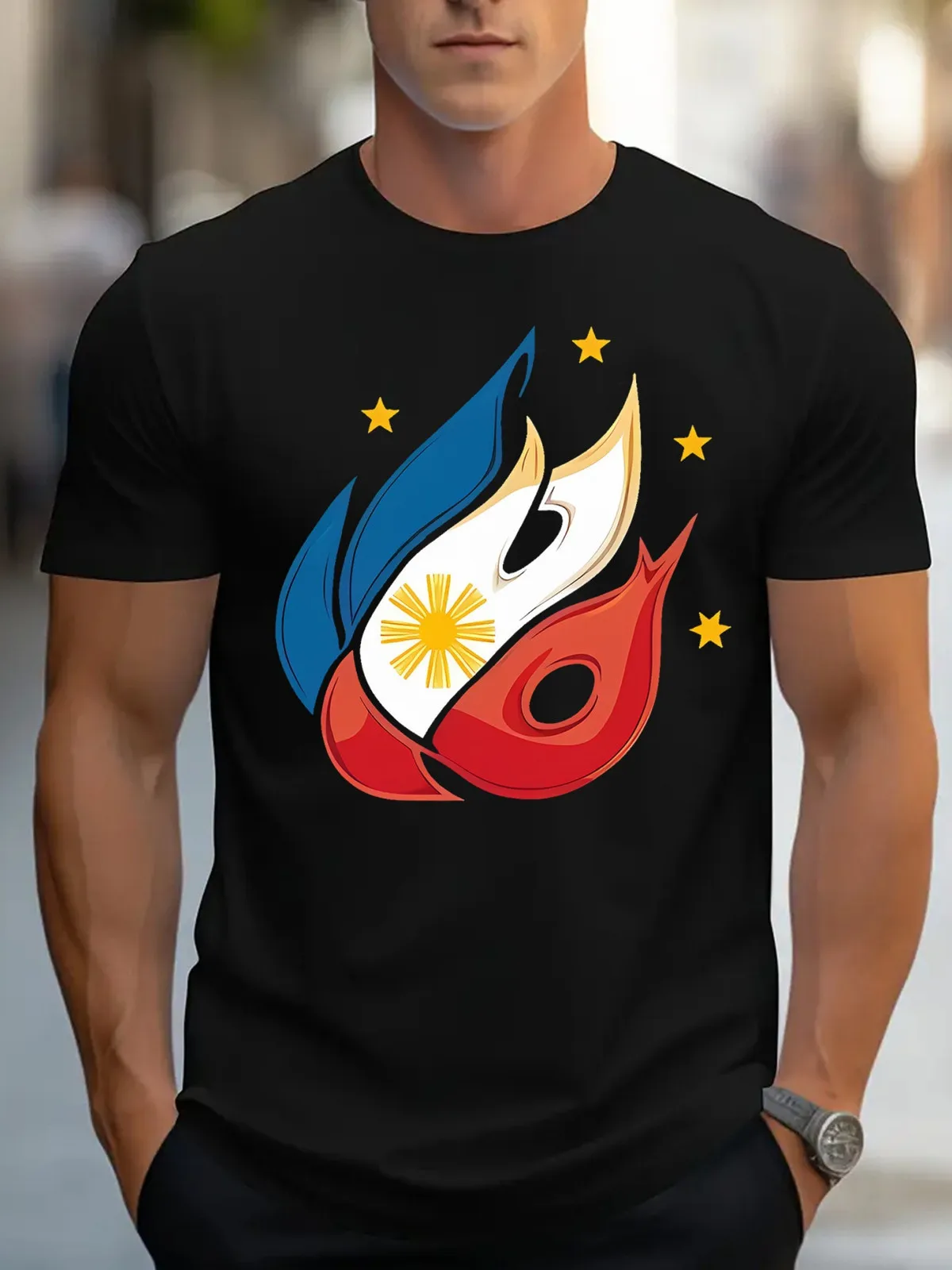 Black T-shirt with Philippine Flag Elet Print, Center Capital Letter 'P' and Tricolor Flame, Showcasing Patriotism, Suitable for