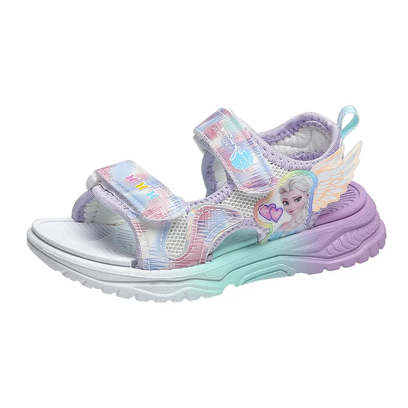 Disney Children Shoes Summer Elsa Girls Mesh Beach Sandals Fashion Frozen Princess Soft Bottom Light Peep Toe Sandals Size 26-37