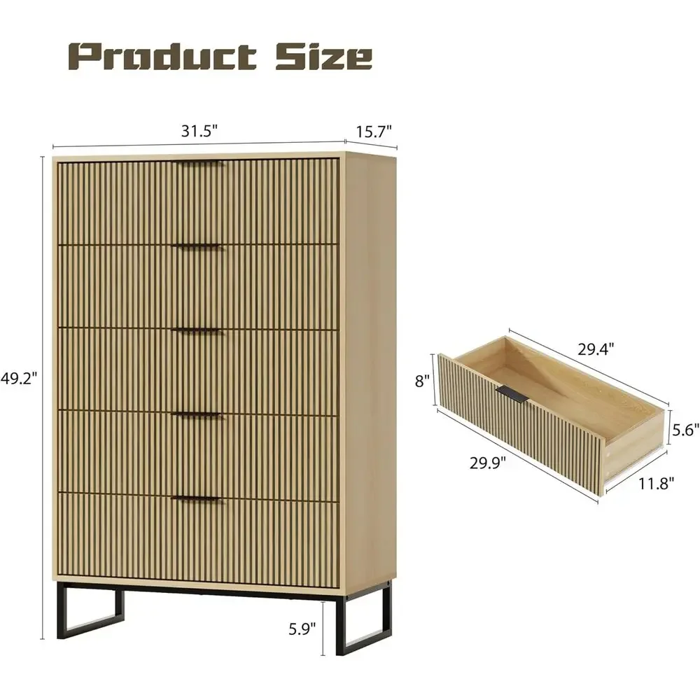 5 Drawer Chest with Metal Handle, 49.2 Natural Wood Dresser for Bedroom, Living Room, or Hallway