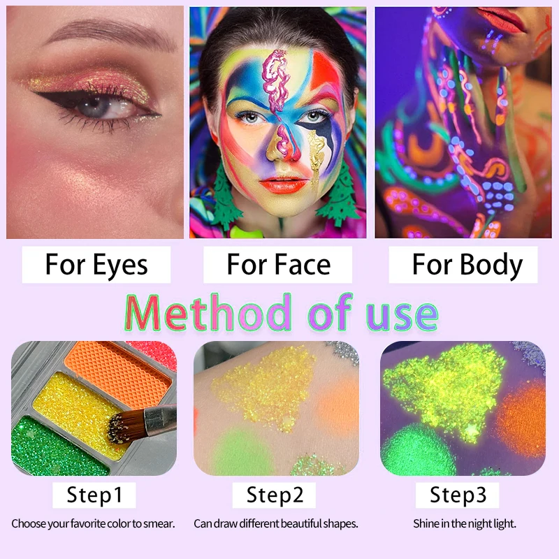 10 Colors Fluorescent Eyeshadow Palette,Neon Face Body Art Paint UV Glow Eyeshadow Halloween Party Fancy Dress Beauty Cosmetics