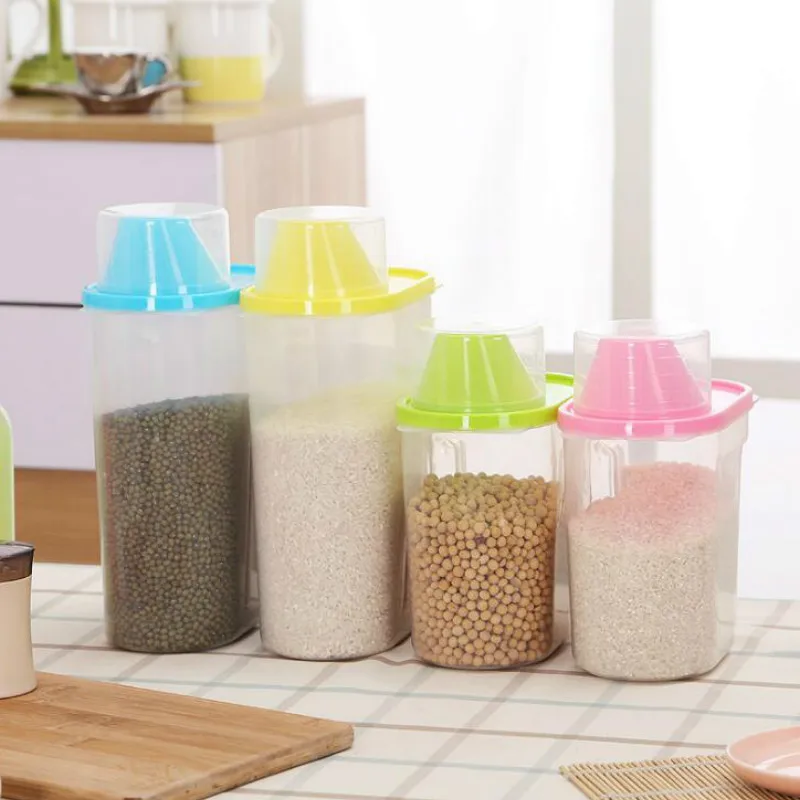 1Pc 1.9/2.5L Plastic Kitchen Rice Cereal Bean Dry Food Storage Dispenser Container Lid Sealed Box Storage Bottles Jar Practical