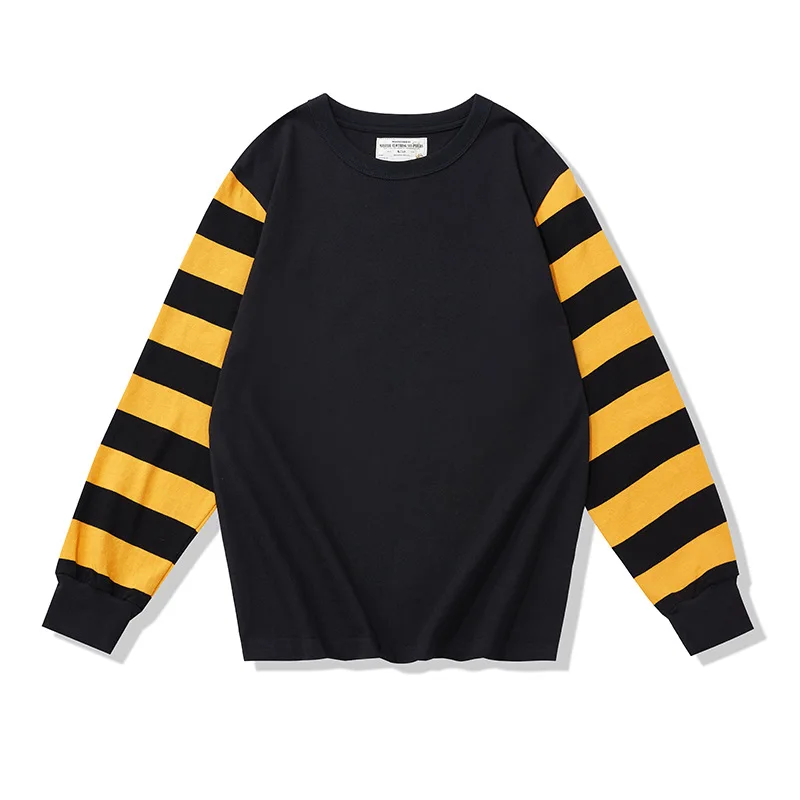 OKONKWO Heavy Round Neck Motorcycle Spring and Autumn Long Sleeve Men's T-shirt Colorblock Striped Motorcycle T-shirt Men