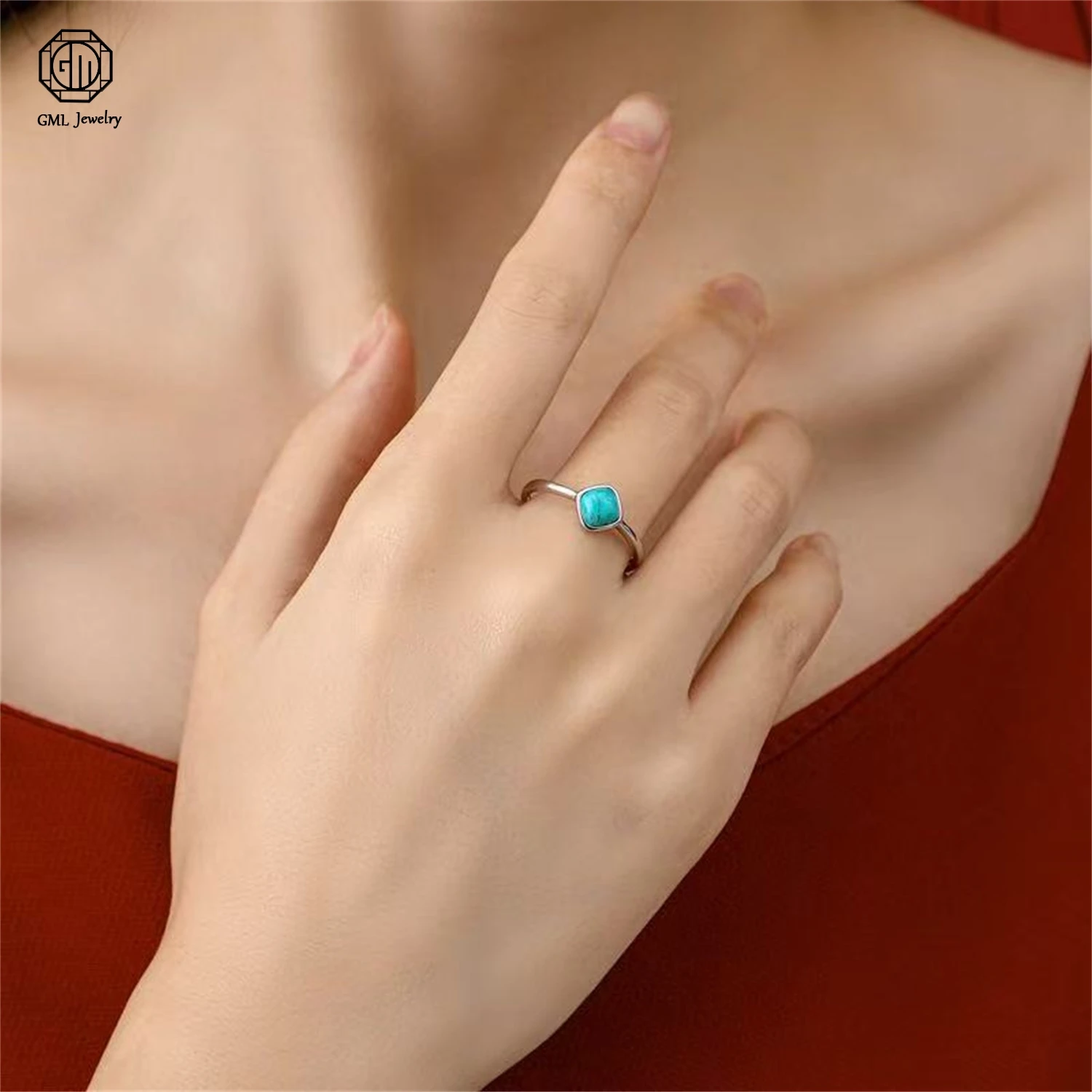 Turquoise Square Sterling Silver Ring Vintage Oxidized Open Adjustable Women Fashion Daily Simplicity And Elegance Jewelry Gift