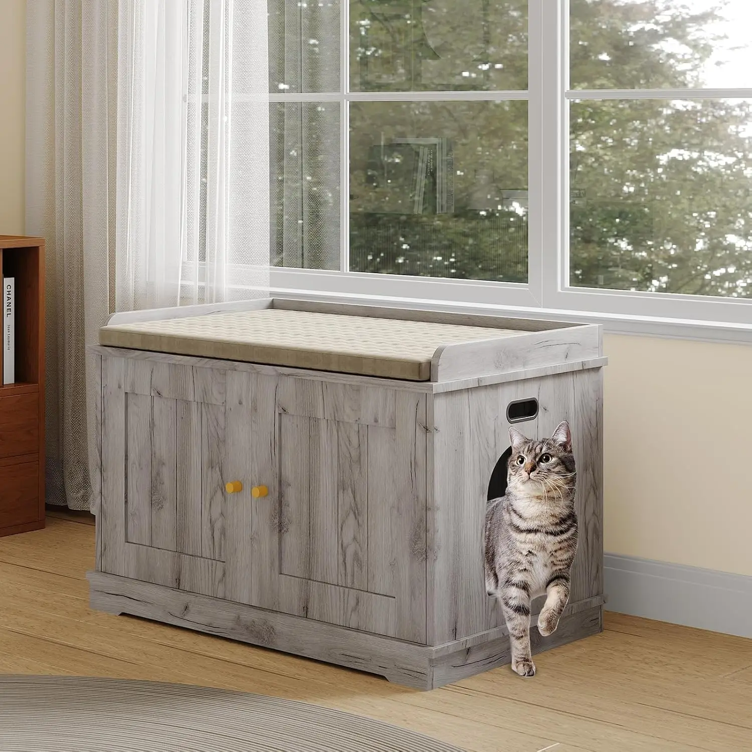 Cat Litter Box Enclosure, Hidden Litter Box Cabinet Furniture, Wooden Cat Washroom Furniture with Cosy Perch, pets House