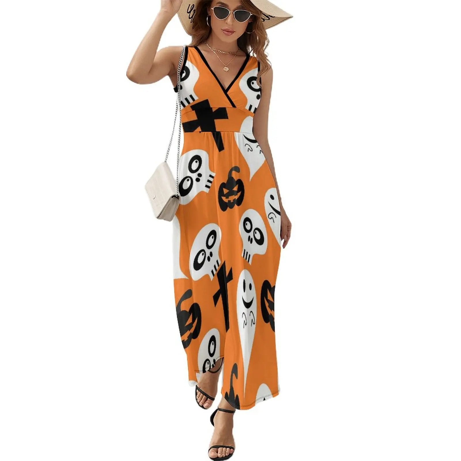 

Happy Haunts Print Dress Halloween Ghost Sexy Maxi Dress V Neck Pattern Boho Beach Long Dresses Streetwear Big Size Vestido