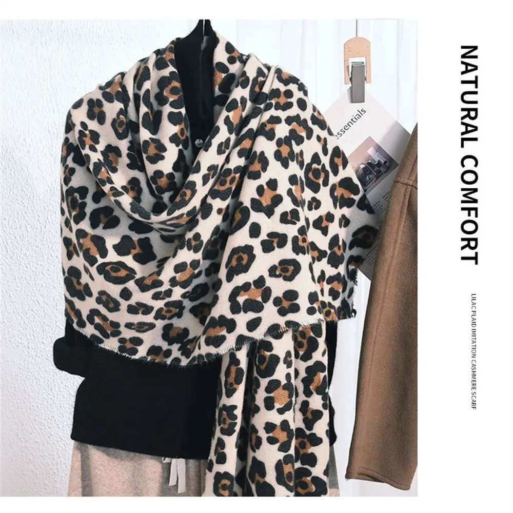 Fashion Winter Warm Tassel Scarfs Cashmere Imitation Nordic Style Shawl Wrap Leopard Print Pashmina for Women Girls