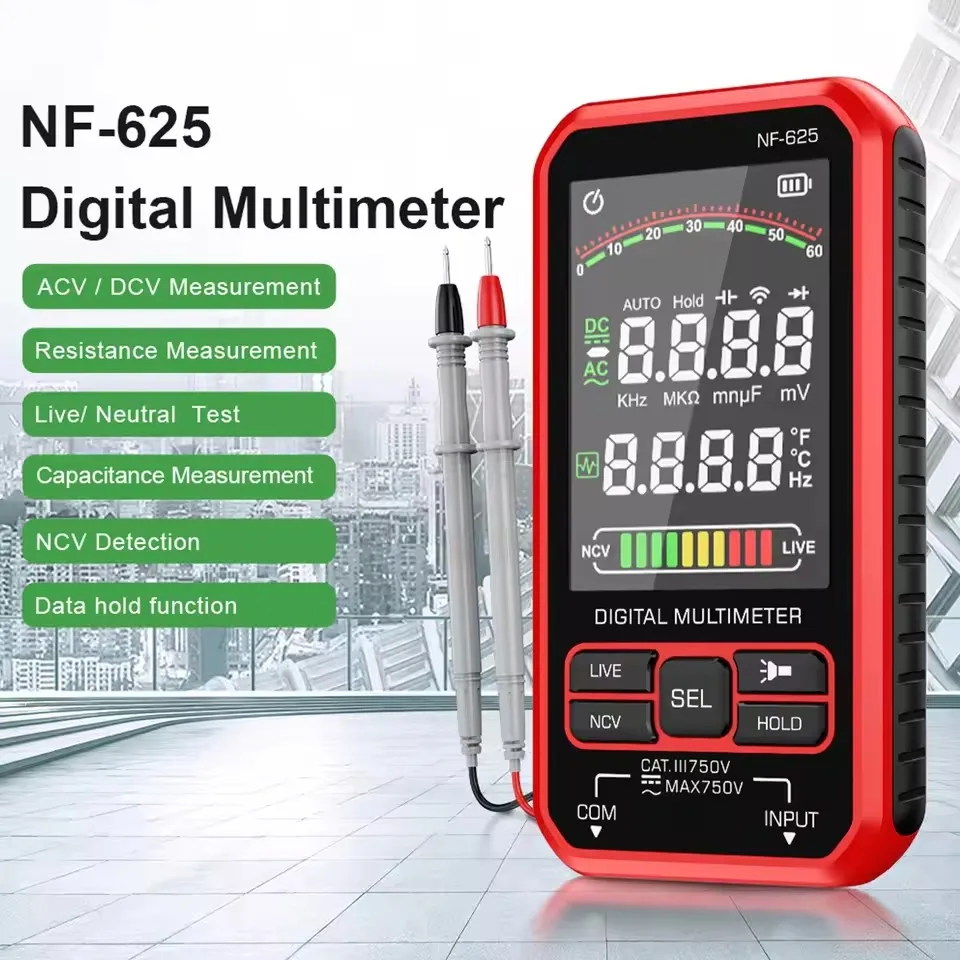 NF-625 Smart Digital Multimeter, 6000 Counts, Rechargeable Multitester with Large LCD Display, AC/DC Voltage Tester, Resistance