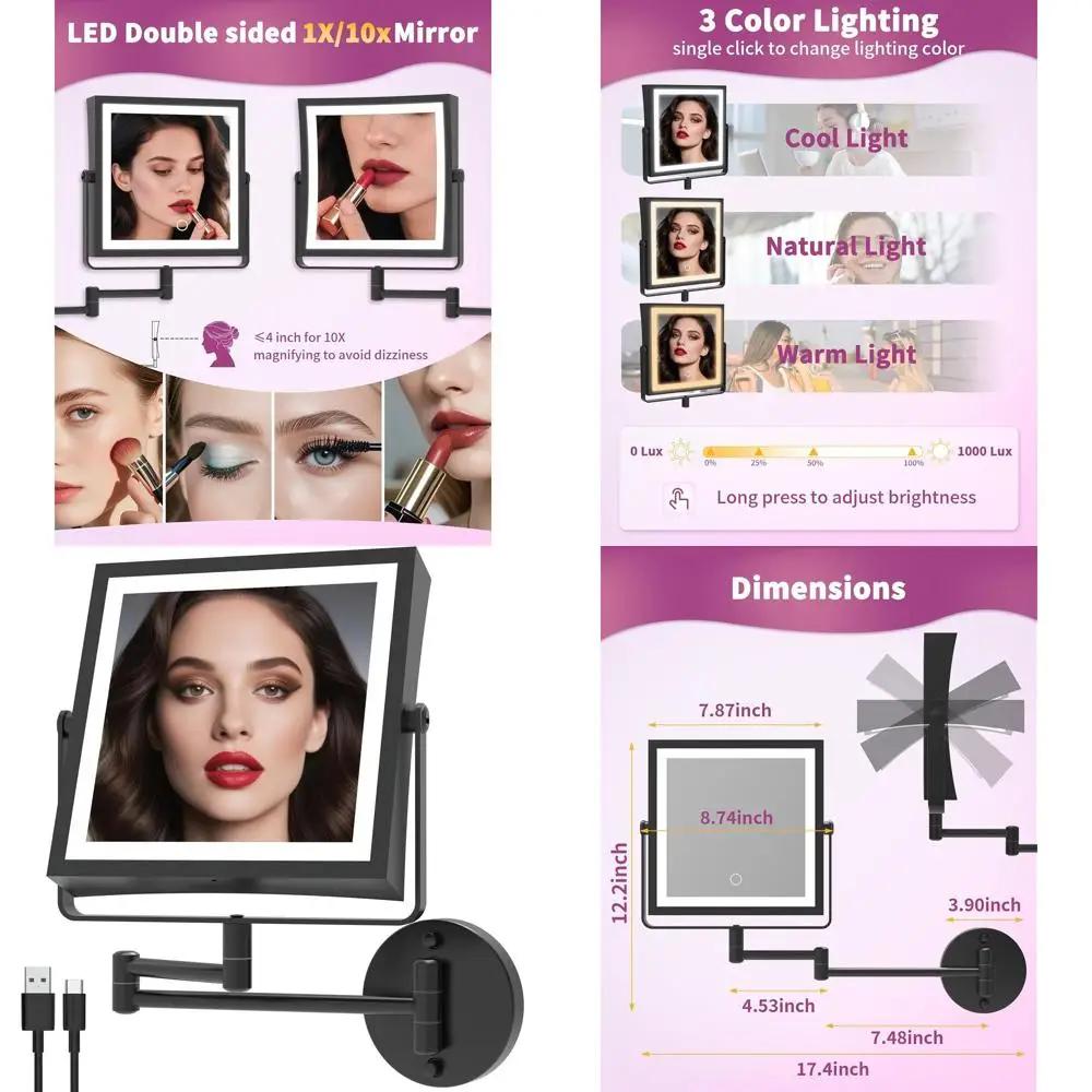 Miroir de maquillage LED double face, batterie 4000 mAh, grossissement 1X/10X, lumière 3 couleurs, variable tactile, 360 °   Bras rotatif, mat