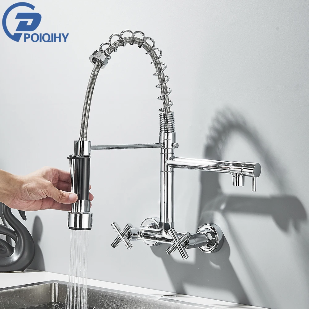 

Chrome Wall Mounted Kitchen Faucet Dual Hole Pull Down Bathroom Kitchen Mixer Taps High Pressure Sprayer Head Dual Spout Faucet