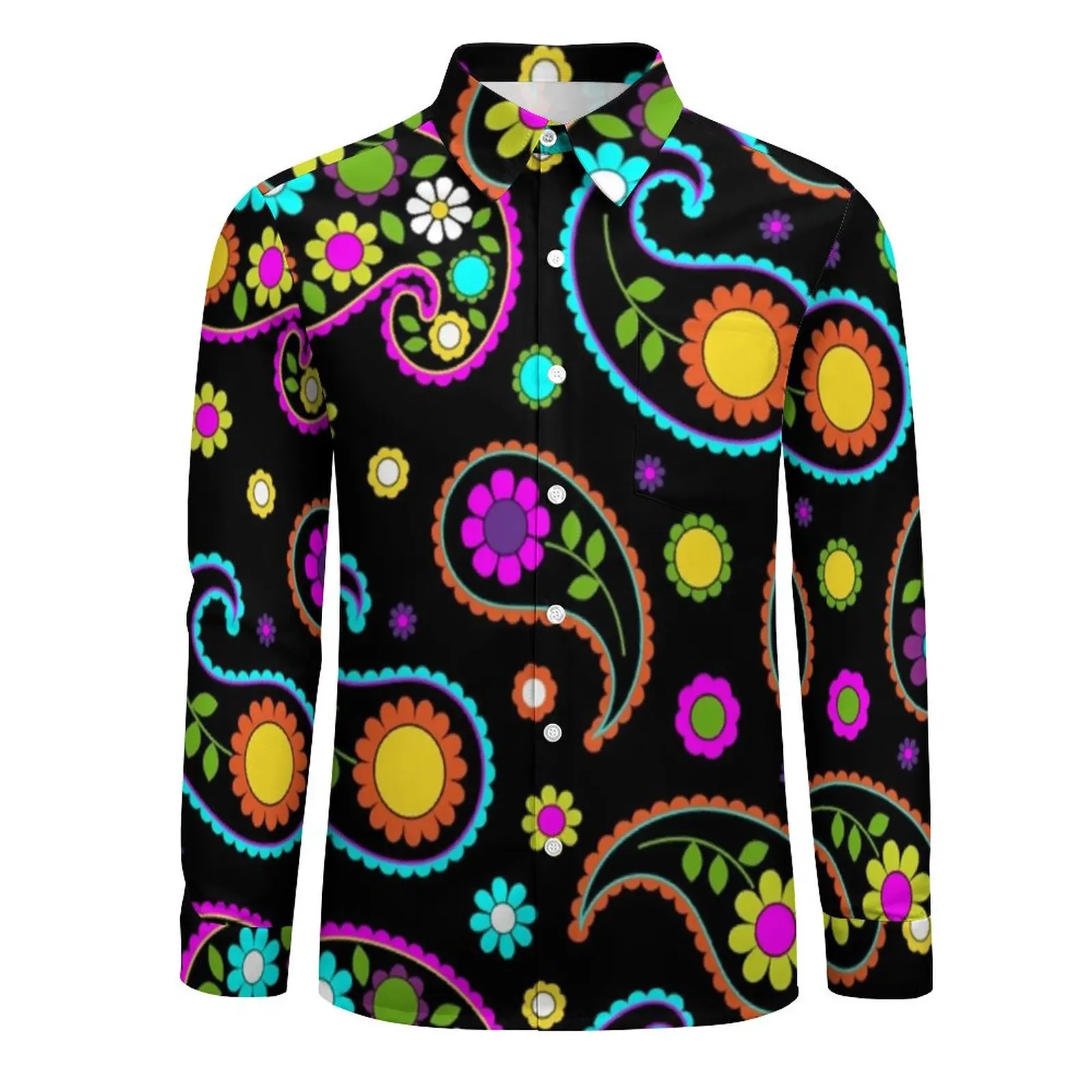 Retro Groovy Hippy Shirt Male Paisley Floral Print Casual Shirts Spring Stylish Design Blouses Long Sleeve Fashion Oversized Top