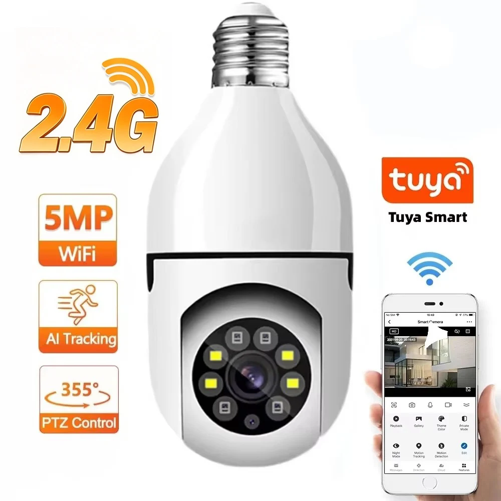 Tuya 2.4G WiFi Bulb Camera 5MP Indoor Security Two Way Audio Auto Tracking Human Colorful Night Vision E27 Base Mini PT Camera