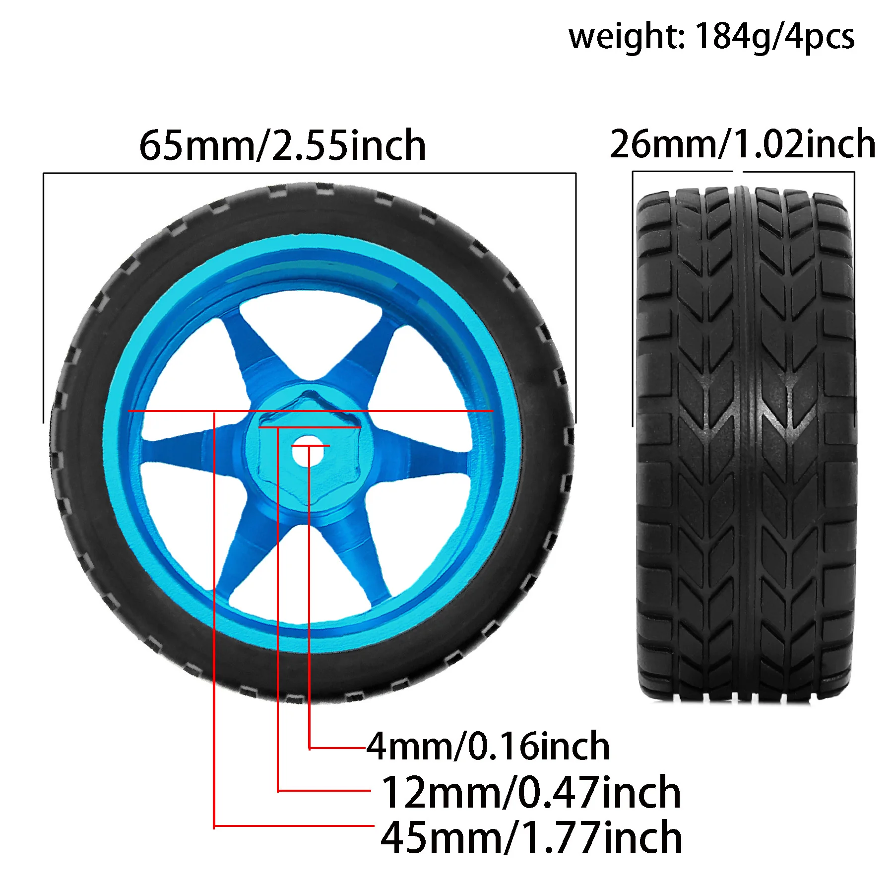 RED SPIDER 4Pcs 65mm 1/10 RC On‑Road Car Tires Metal Alloy Wheel Rims RC Touring Car Rubber Tyre Set for Traxxas HSP HPI Wltoys 1/10 RC On Road Car Upgrade Replacement Parts
