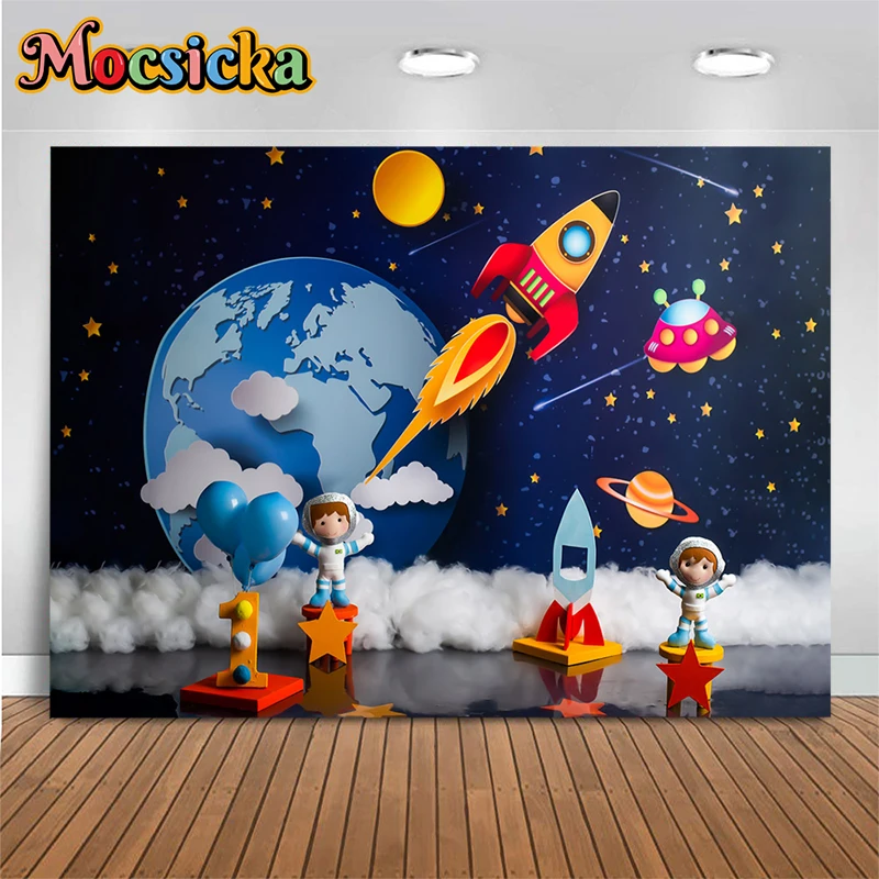 

Rocket Space Backdrop For Photography Earth Stars Photo Baby Shower Child Birthday Background Decor Newborn Kid Party Backdrops