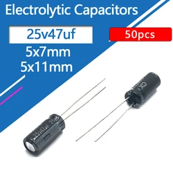 Capacitores eletrolíticos de alumínio, 5x11mm, 25V, 47uf, 47uf25v, 25v47mf, 47mf25v, 25vfd, 47mf, 47mfd, 25wv, 25vdc