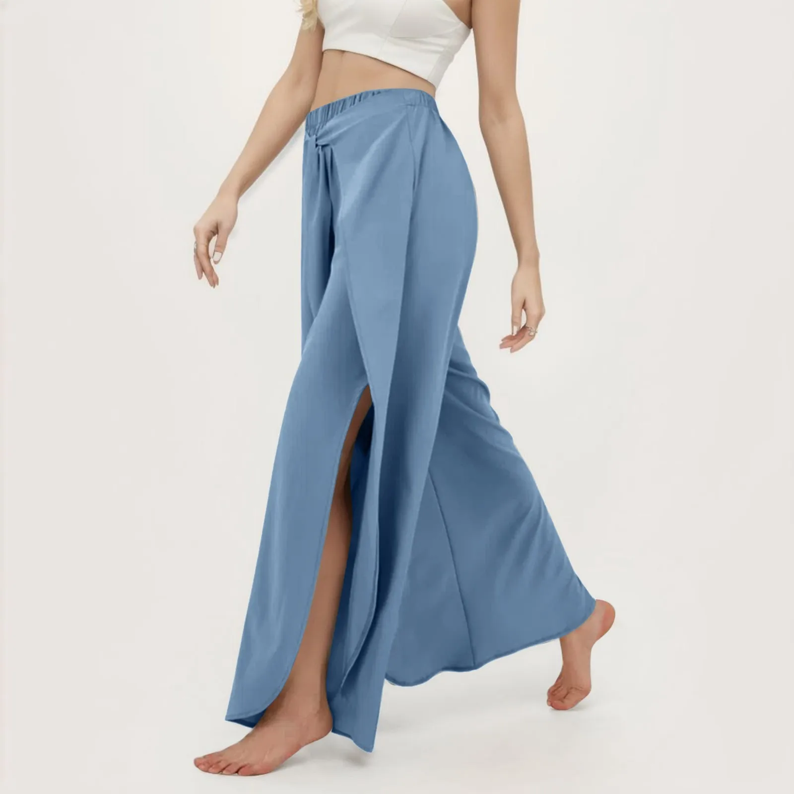 Fashion Women Yoga Sport Pants Ruffled Tiered Streamer Tassels Wide Leg Pants Slit High Waist Elastic Solid Palazzo Trousers