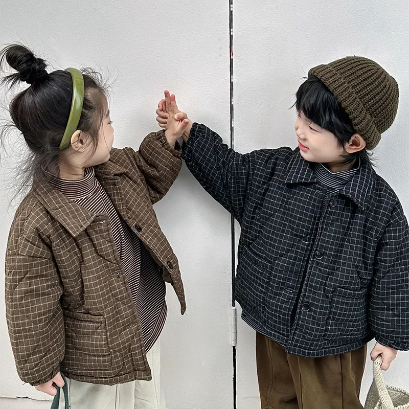 Children Clothing Boy 2023 New Fashionable Warm Cotton-padded Winter 2023 New Korean Style Plaid Jacket Thickened Kids Coat