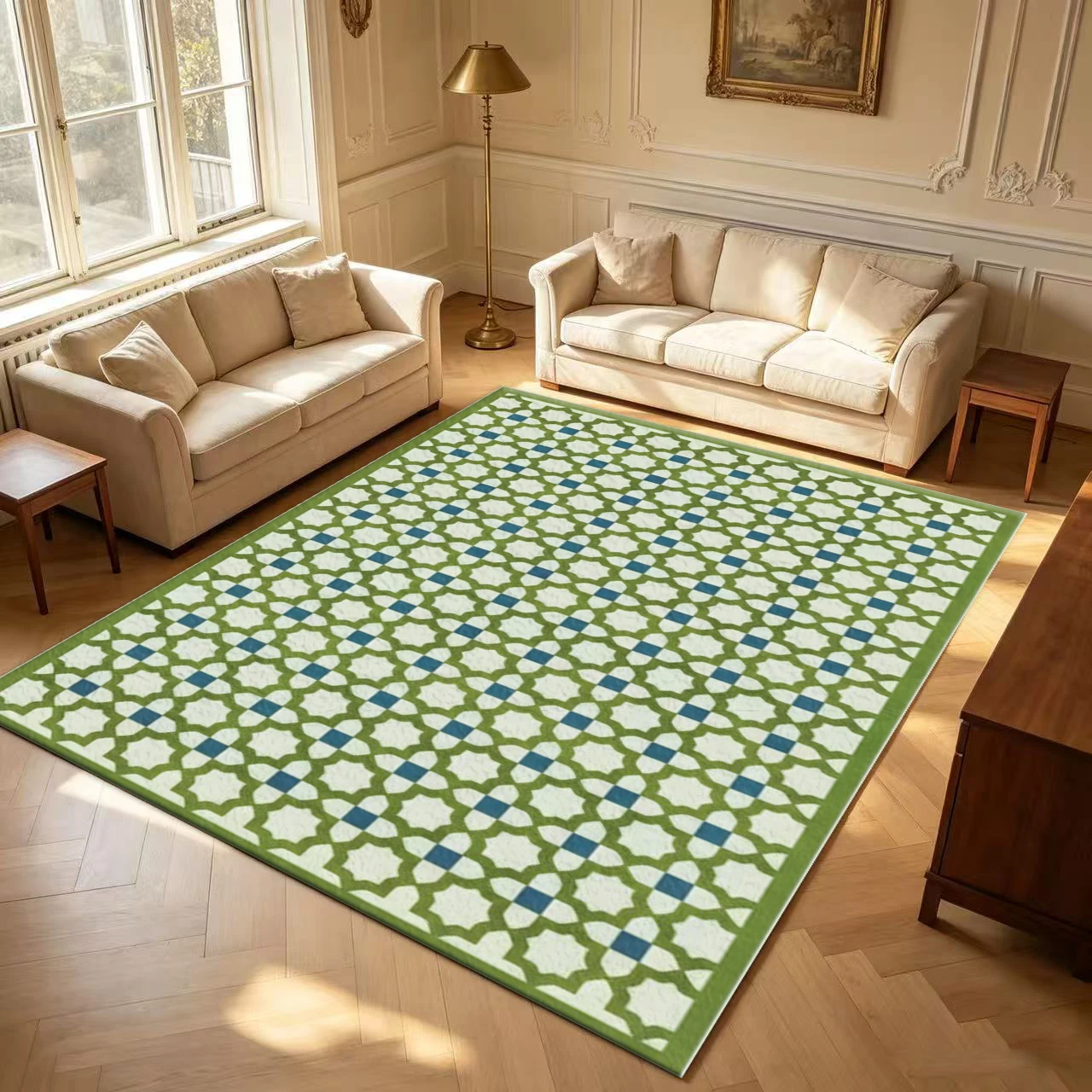 Moroccan Geometric Lattice Pattern Carpet Green Blue Non-Slip Carpet Suitable for Indoor Home Living Room Decoration
