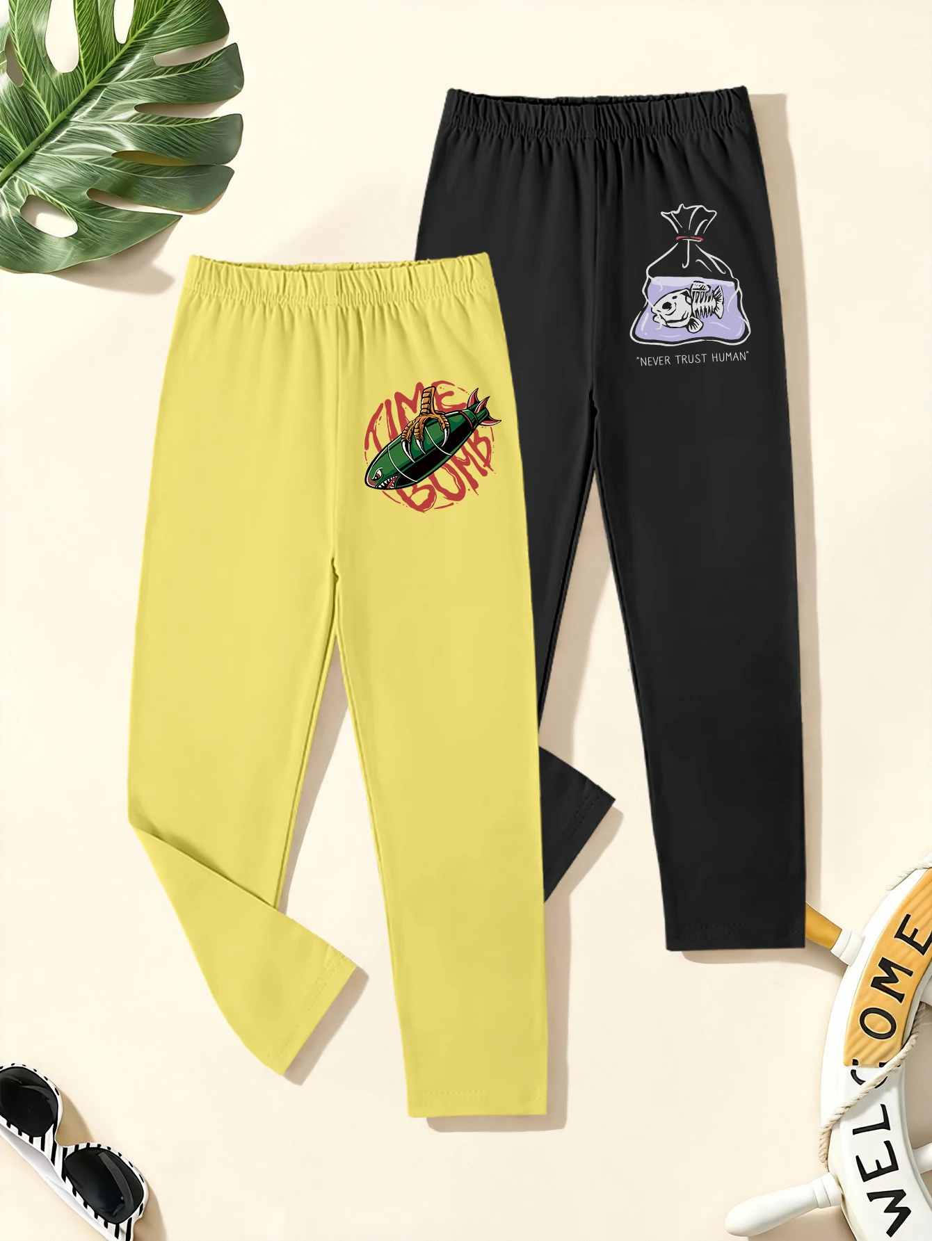 

2 Pieces, Cartoon Fish, Cartoon Fish Bone Pattern Print, Boys' Casual Leggings