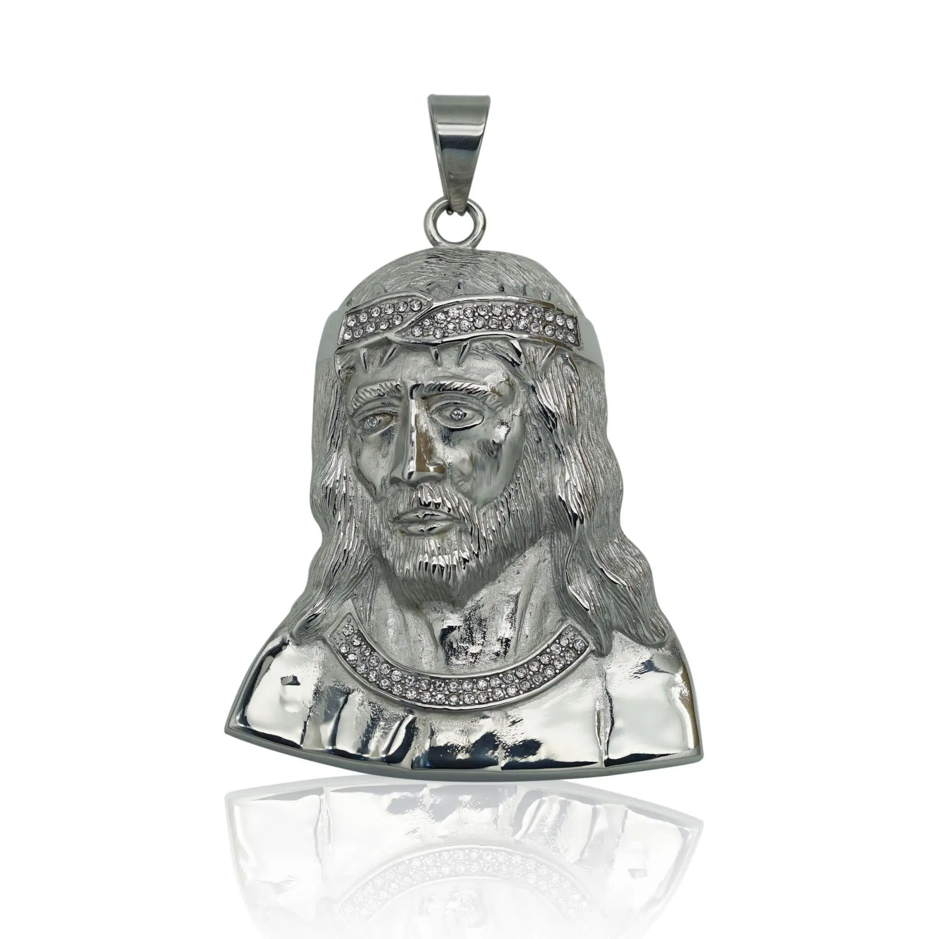 New Hip Hop Iced Out Big Jesus Head Pendant Necklaces Male Gold Color Stainless Steel Christian Necklace For Men Jewelry Gift