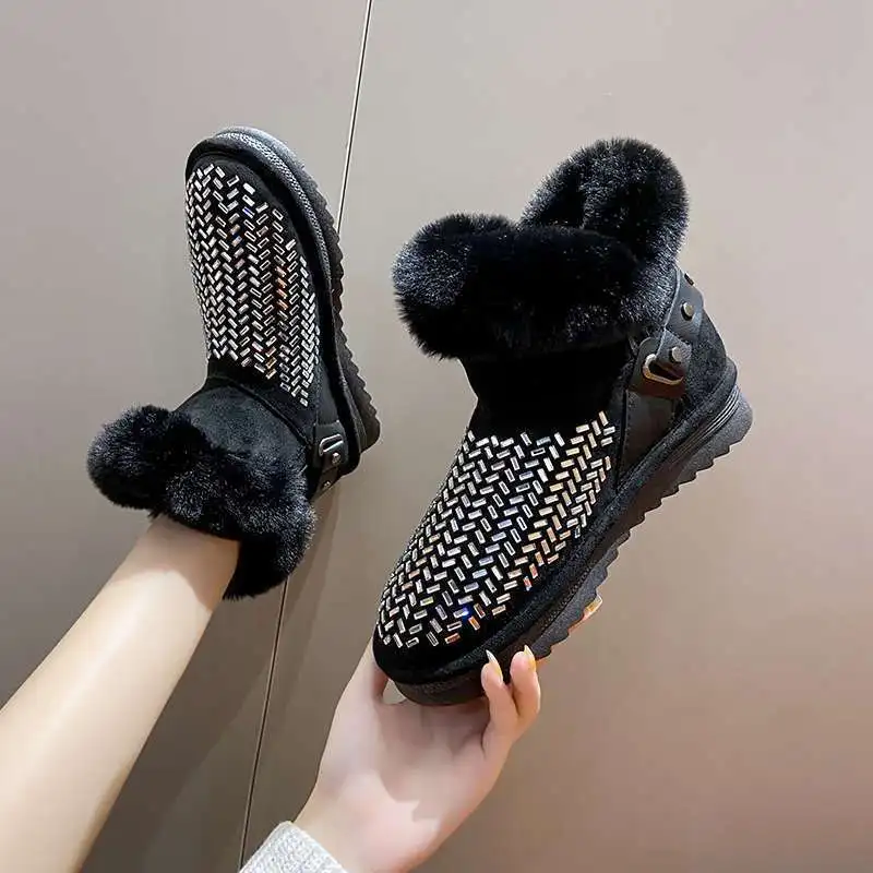 New Winter Ankle Boot for Women Fashion Retro Strap Furry Bling Shoes Woman Snow Booties Glitter Ladies Warm Plush Short Boots