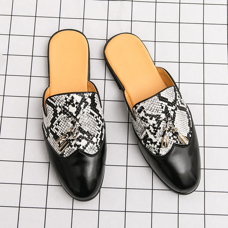 Men Casual Leather Half Slippers Non Slip On Snake Loafers Outdoor Comfortable Sandals Business Casual Shoes Work Shoes For Male