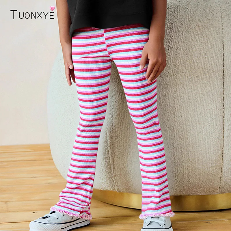 TUONXYE Gestreifte Schlaghose für Babys und Mädchen, bunte gerippte Schlaghose, lässige Kinderhose mit elastischem Bund für den Frühling