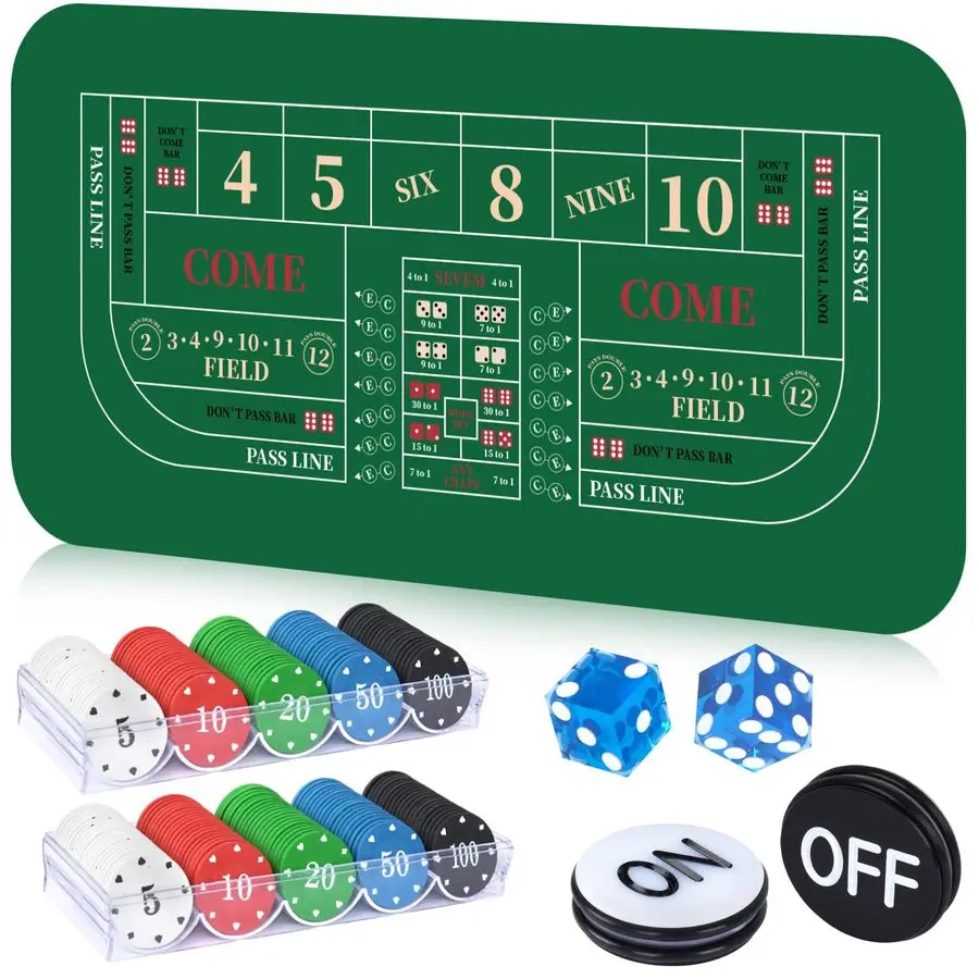 

Tabletop Game Set, Includes 35x70 Rubber Craps Tabletop Layout Mat, 2 Pcs Casino Grade AAA 19mm Dice, 3 Inch On Off Buttons and