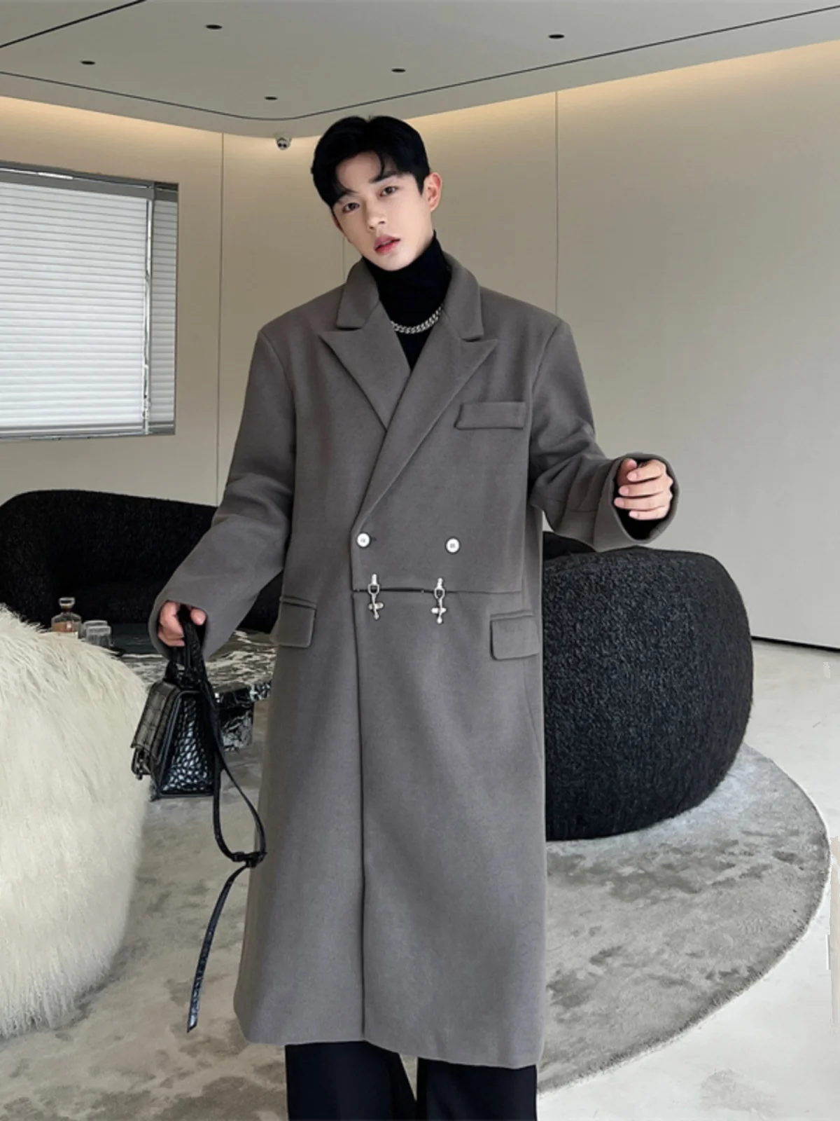 

Ele mat Hepburn Sle Long Woolen Coat Men's Unique Metal Bule Design ape Windbreaker Double Breasted Tailored