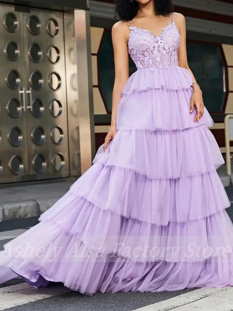 Customized Lavender Women Evening Dress 2026 V Neck Lace Applique Backless Tulle Prom Party Gown Special Occasion Formal Dress
