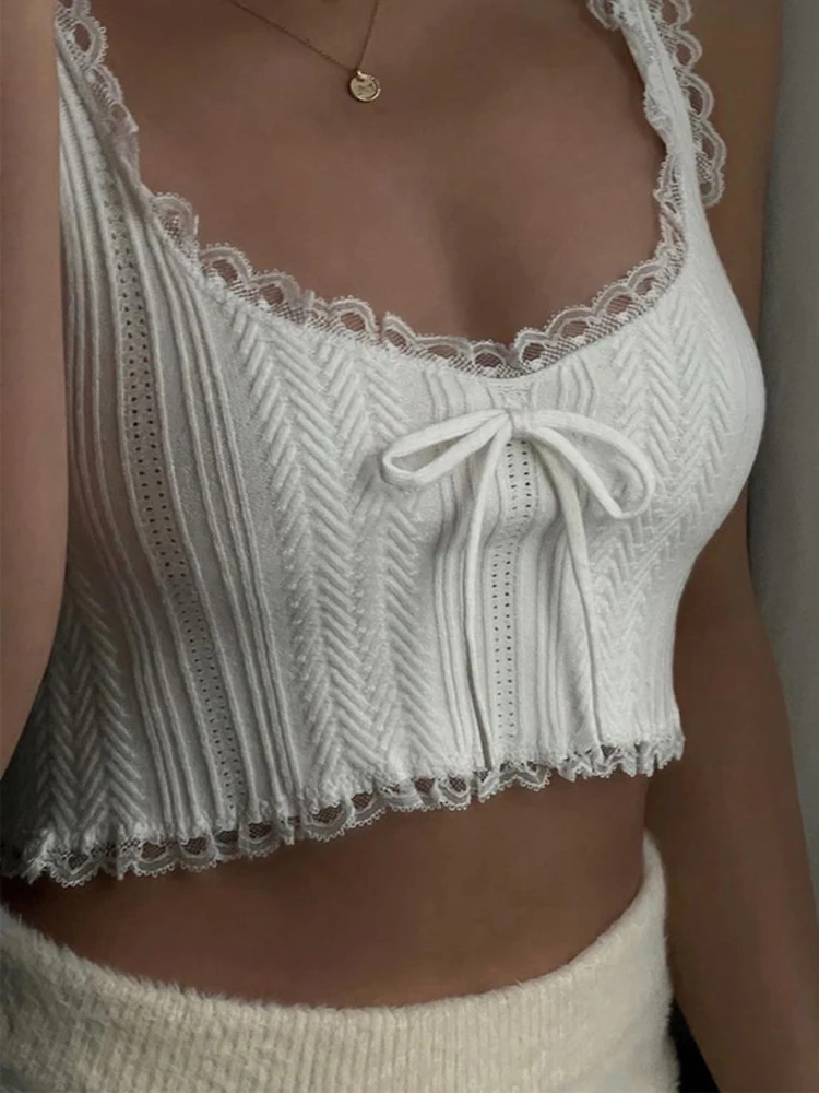 Hugcitar Lace Patchwork Women Bow Crop Top Tanks  Bodycon Sexy Streetwear Sweet Clothes For Women 2025 Summer