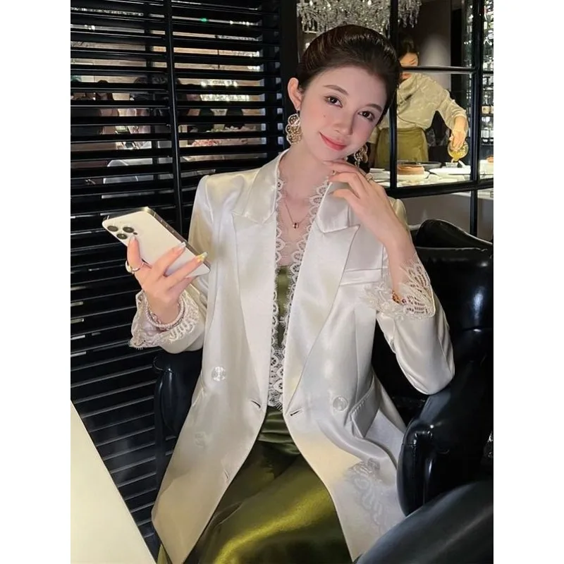 2026 ربيع جديد وصول تصميم الدانتيل الربط الشيفون السترة للنساء فضفاضة تناسب الأبيض المرأة السترة أعلى مزدوجة الصدر سترة #5