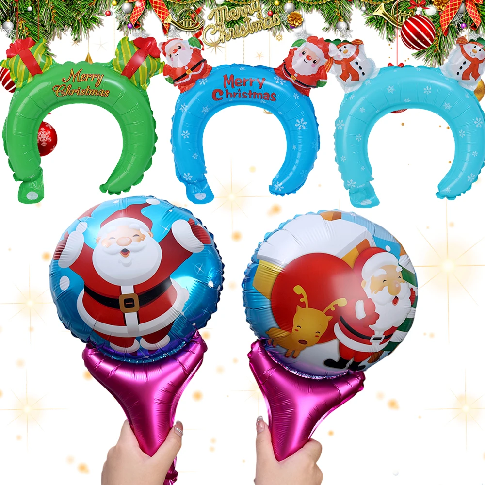 Christmas Children Party Decorative Toys Hand-held Aluminum Balloon Stick Santa Claus Snowman Balloon Hairband Hair Accessories