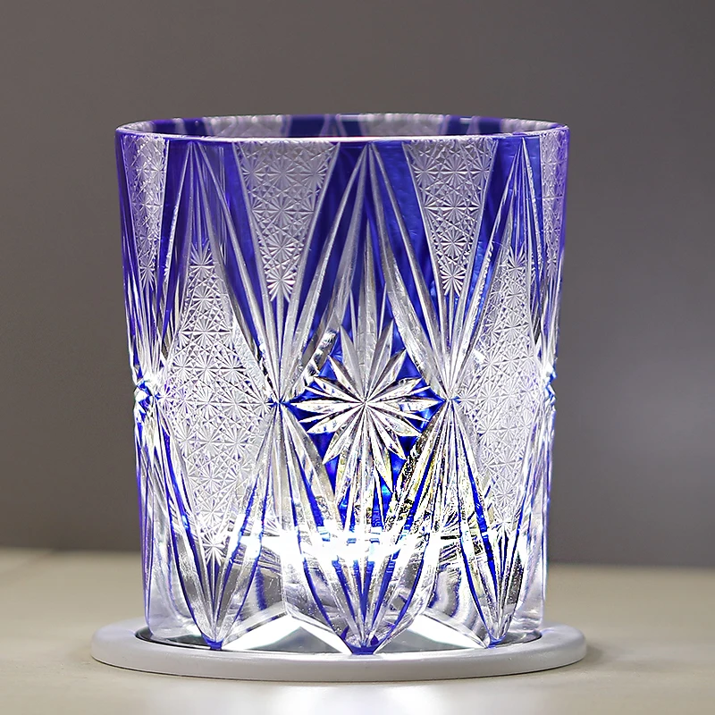 

240 мл роскошный японский стакан для напитков в стиле Edo Kiriko, синего цвета, из резного стекла, для виски и холодных напитков