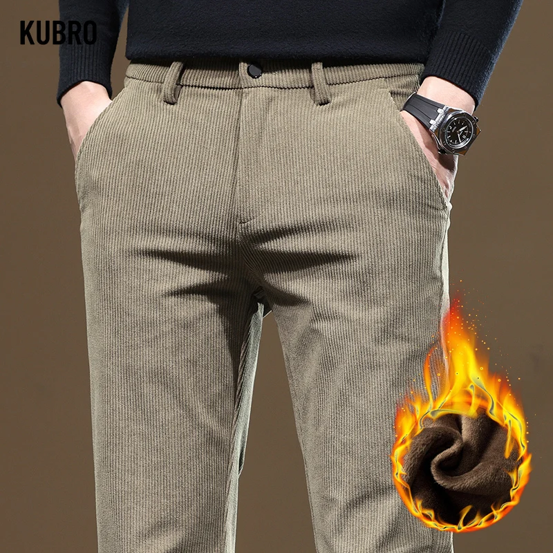 KUBRO-Pantalones clásicos de forro polar para hombre, ropa informal, ajustada, recta, moda coreana, elegante, versátil, cálida, Y2K, Otoño e Invierno