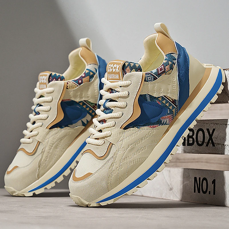 

LiveDay Men's Retro Embroidery Casual Sneakers Lightweight Platform Running with Fashion Leather Letters Canvas Splicing Shoes