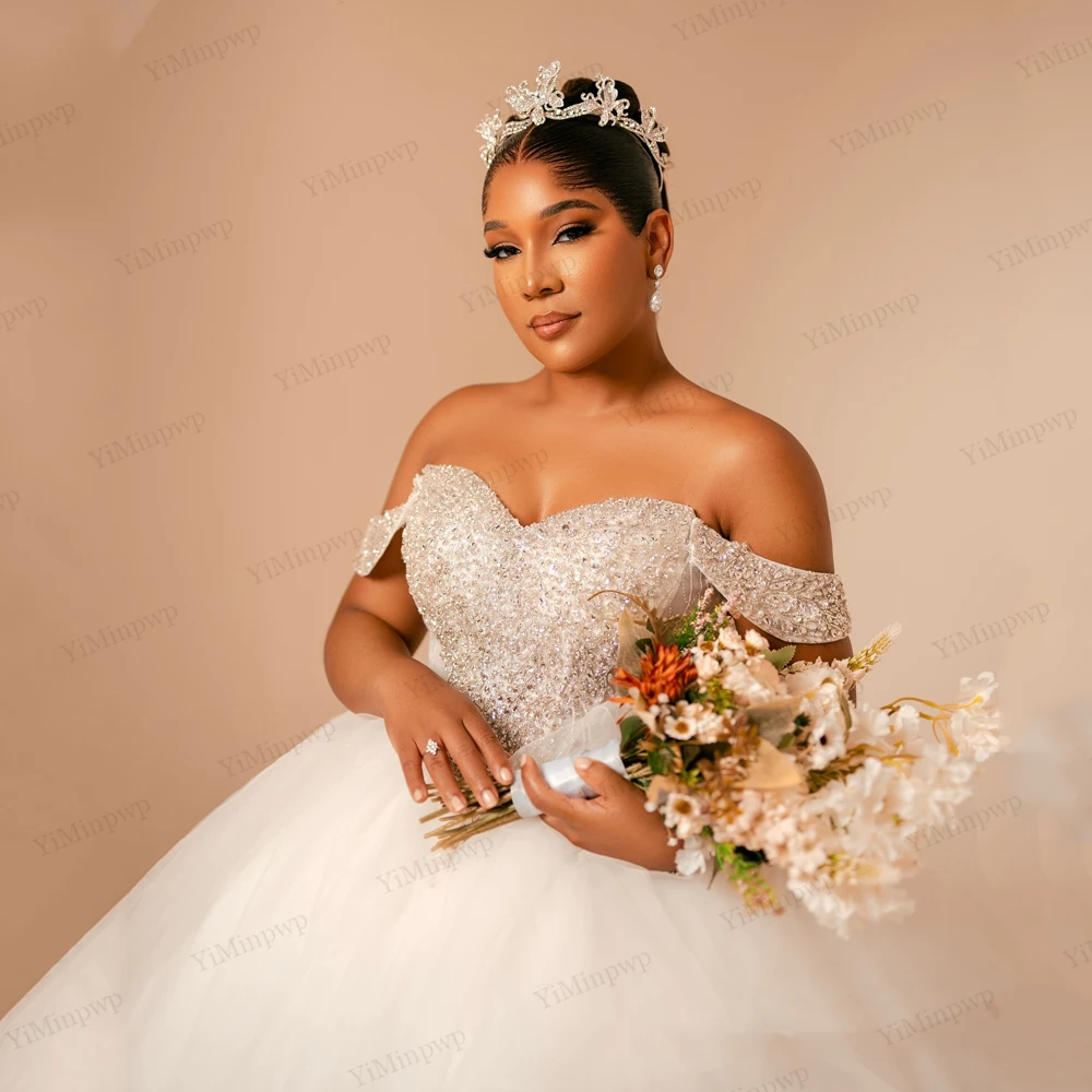 

Crystals A-Line Tulle Wedding Dress Luxury 2025 Off Shoulder Beaded Sweetheart Vestidos Para Mujer For Black Girl Customized