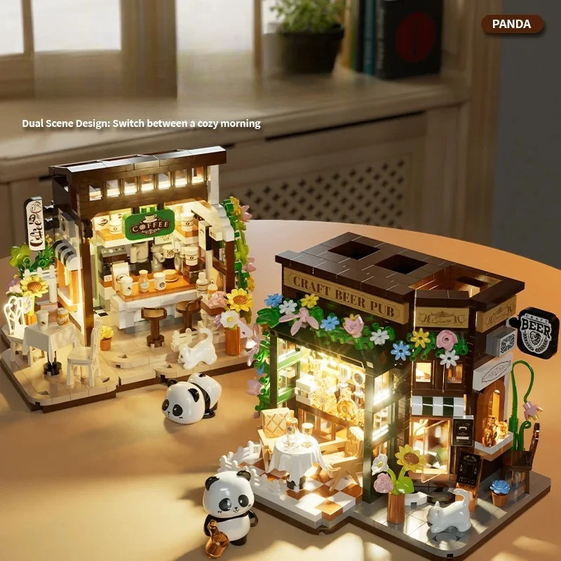 Cartoon Animal Micro Diamond Block Panda House Brick China Cultural Street View Tavern Bakery Florist Coffee Shop Nanobricks Toy