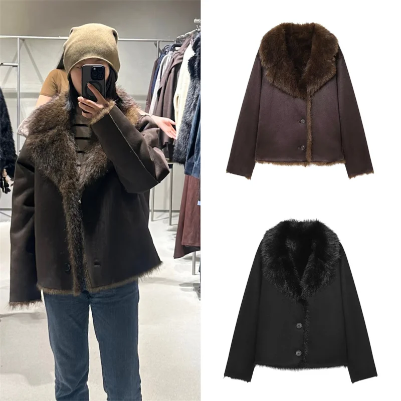 Guobioziy Women's Top 2026 Autumn/Winter New Fashion High-End Solid Color Double-Sided Faux Fur Effect Jacket