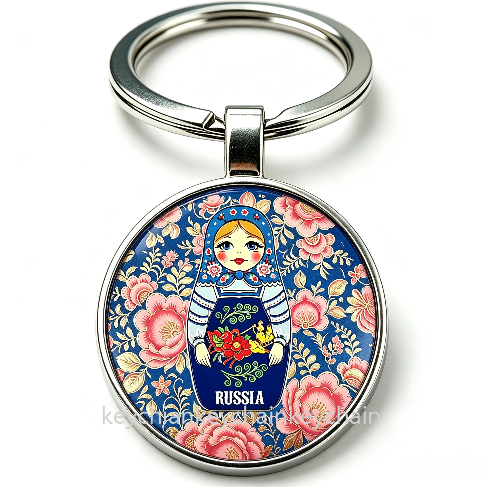 Russian Doll Round Keychain, Blue Background Pink Floral Russia Travel Souvenir Key Ring
