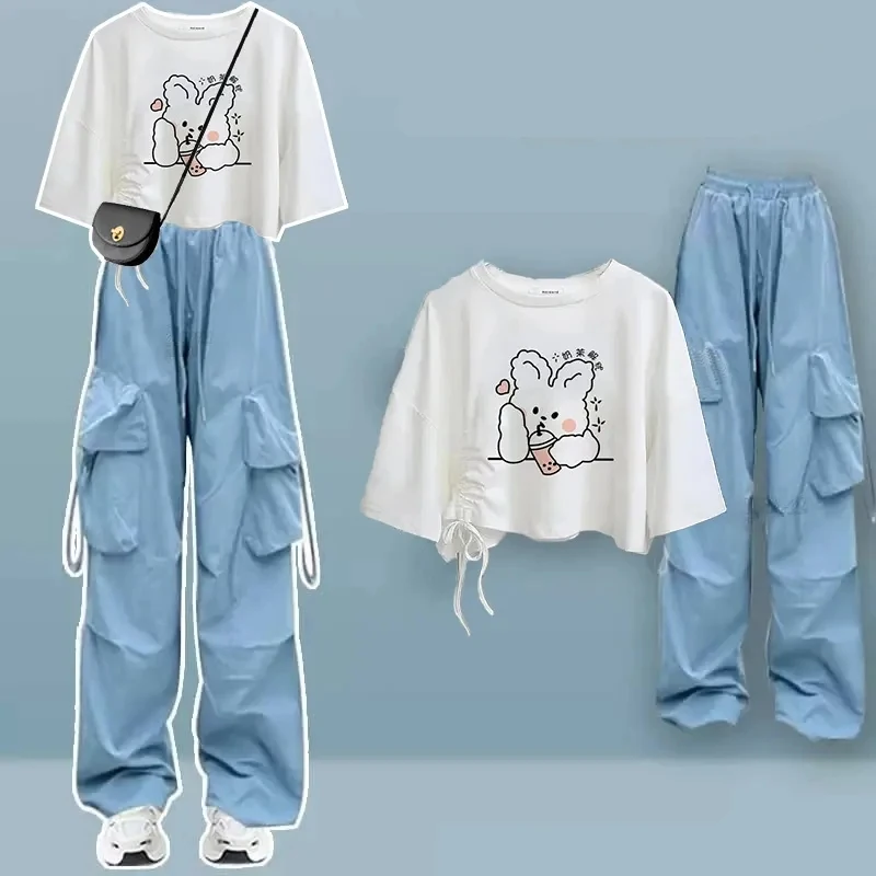 Women\'s Summer Long Pants Matching Sets Korean Lady Cute Cartoon Rabbit Short T Shirts Cargo Trousers Outfits 2024 New Clothing