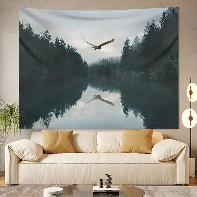 VIKAMA Misty Forest Flying Bird Landscape Tapestry, HD Wear-Resistant Background Cloth for Tranquil Living Room Decor