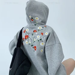 Flower Embroidery Hoodies Men Women Fashion Oversize Thick Tops Streetwear Popular Couples Hoodie Autumn Heavy Hooded Sweatshirt