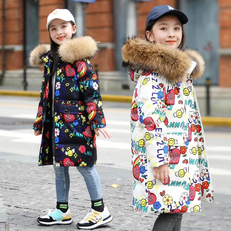 5-16 Years Winter Girls Down Jacket Fur Collar Hooded Cartoon Printed Long Teenage Girl Outerwear Coat Kids Graffiti Outfit