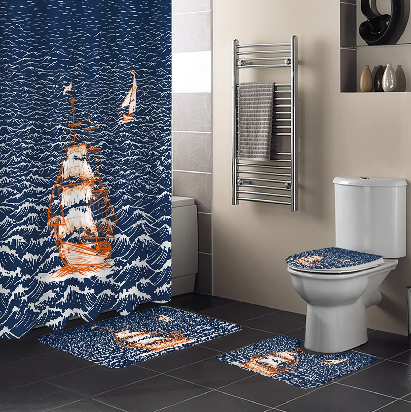 Sail On The Waves Shower Curtain Set Non-Slip Rugs Bath Mat Toilet Lid Cover Waterproof Polyester Bathroom Curtain